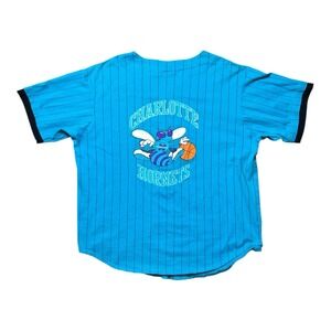 Vintage‎ Charlotte Hornets Blue Graphic Striped Buttoned Jersey Made In USA XL
